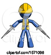 Poster, Art Print Of Blue Construction Worker Contractor Man Two Sword Defense Pose