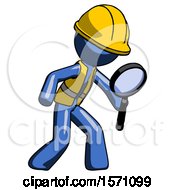 Poster, Art Print Of Blue Construction Worker Contractor Man Inspecting With Large Magnifying Glass Right