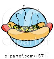 Steaming Hotdog In A Bun Topped With Mustard And Relish Clipart Illustration