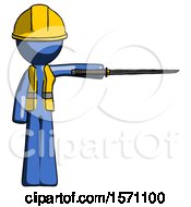 Blue Construction Worker Contractor Man Standing With Ninja Sword Katana Pointing Right
