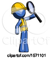 Poster, Art Print Of Blue Construction Worker Contractor Man Inspecting With Large Magnifying Glass Facing Up