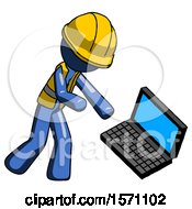 Poster, Art Print Of Blue Construction Worker Contractor Man Throwing Laptop Computer In Frustration