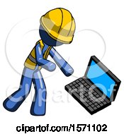 Blue Construction Worker Contractor Man Throwing Laptop Computer In Frustration