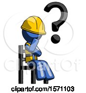 Poster, Art Print Of Blue Construction Worker Contractor Man Question Mark Concept Sitting On Chair Thinking