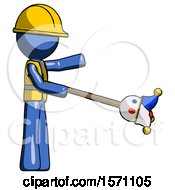 Poster, Art Print Of Blue Construction Worker Contractor Man Holding Jesterstaff - I Dub Thee Foolish Concept