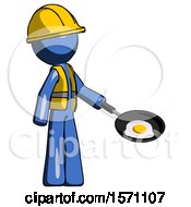 Poster, Art Print Of Blue Construction Worker Contractor Man Frying Egg In Pan Or Wok Facing Right