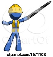 Poster, Art Print Of Blue Construction Worker Contractor Man Demonstrating That Indeed The Pen Is Mightier