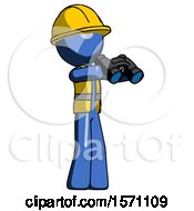 Poster, Art Print Of Blue Construction Worker Contractor Man Holding Binoculars Ready To Look Right