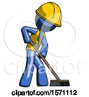Poster, Art Print Of Blue Construction Worker Contractor Man Cleaning Services Janitor Sweeping Side View