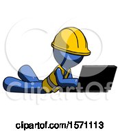 Poster, Art Print Of Blue Construction Worker Contractor Man Using Laptop Computer While Lying On Floor Side Angled View