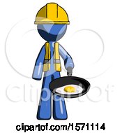 Poster, Art Print Of Blue Construction Worker Contractor Man Frying Egg In Pan Or Wok