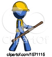 Blue Construction Worker Contractor Man Holding Bo Staff In Sideways Defense Pose