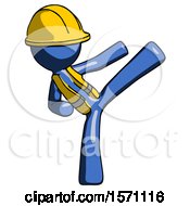 Poster, Art Print Of Blue Construction Worker Contractor Man Ninja Kick Right