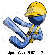 Poster, Art Print Of Blue Construction Worker Contractor Man Flying Ninja Kick Left