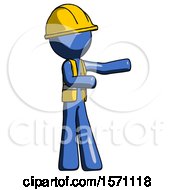 Blue Construction Worker Contractor Man Presenting Something To His Left