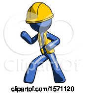 Poster, Art Print Of Blue Construction Worker Contractor Man Martial Arts Defense Pose Left