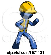 Poster, Art Print Of Blue Construction Worker Contractor Man Martial Arts Defense Pose Right