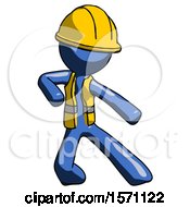 Poster, Art Print Of Blue Construction Worker Contractor Man Karate Defense Pose Right