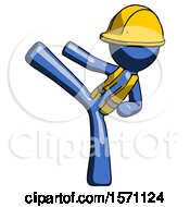 Poster, Art Print Of Blue Construction Worker Contractor Man Ninja Kick Left