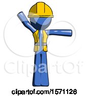 Poster, Art Print Of Blue Construction Worker Contractor Man Directing Traffic Right
