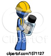 Poster, Art Print Of Blue Construction Worker Contractor Man Holding Glass Medicine Bottle