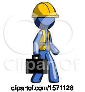 Poster, Art Print Of Blue Construction Worker Contractor Man Walking With Briefcase To The Right