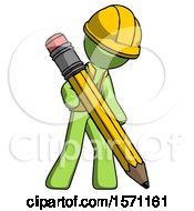 Poster, Art Print Of Green Construction Worker Contractor Man Writing With Large Pencil