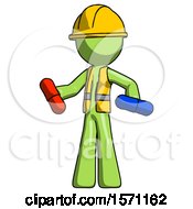 Poster, Art Print Of Green Construction Worker Contractor Man Red Pill Or Blue Pill Concept