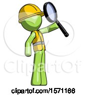 Poster, Art Print Of Green Construction Worker Contractor Man Inspecting With Large Magnifying Glass Facing Up