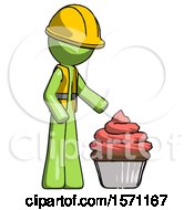 Poster, Art Print Of Green Construction Worker Contractor Man With Giant Cupcake Dessert