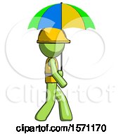 Poster, Art Print Of Green Construction Worker Contractor Man Walking With Colored Umbrella