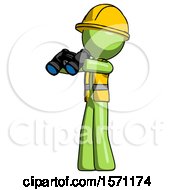 Green Construction Worker Contractor Man Holding Binoculars Ready To Look Left