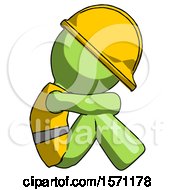 Green Construction Worker Contractor Man Sitting With Head Down Facing Sideways Right