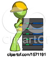 Green Construction Worker Contractor Man Resting Against Server Rack