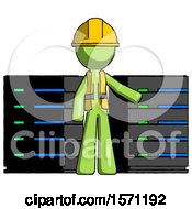 Poster, Art Print Of Green Construction Worker Contractor Man With Server Racks In Front Of Two Networked Systems