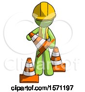 Poster, Art Print Of Green Construction Worker Contractor Man Holding A Traffic Cone