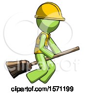 Poster, Art Print Of Green Construction Worker Contractor Man Flying On Broom