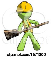 Green Construction Worker Contractor Man Broom Fighter Defense Pose
