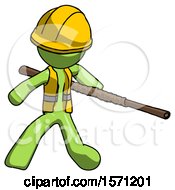 Poster, Art Print Of Green Construction Worker Contractor Man Bo Staff Action Hero Kung Fu Pose
