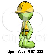 Green Construction Worker Contractor Man Kneeling Angle View Left