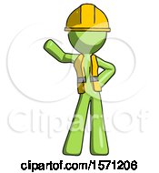 Green Construction Worker Contractor Man Waving Right Arm With Hand On Hip