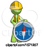 Poster, Art Print Of Green Construction Worker Contractor Man Standing Beside Large Compass