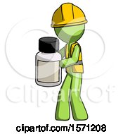 Green Construction Worker Contractor Man Holding White Medicine Bottle