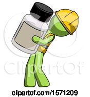 Green Construction Worker Contractor Man Holding Large White Medicine Bottle