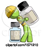 Green Construction Worker Contractor Man Holding Large White Medicine Bottle With Bottle In Background