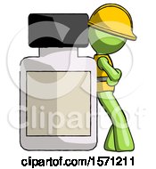 Green Construction Worker Contractor Man Leaning Against Large Medicine Bottle