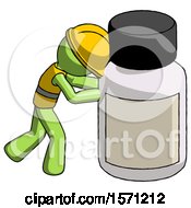 Poster, Art Print Of Green Construction Worker Contractor Man Pushing Large Medicine Bottle