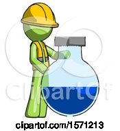 Poster, Art Print Of Green Construction Worker Contractor Man Standing Beside Large Round Flask Or Beaker