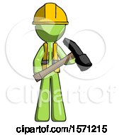Poster, Art Print Of Green Construction Worker Contractor Man Holding Hammer Ready To Work