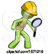 Poster, Art Print Of Green Construction Worker Contractor Man Inspecting With Large Magnifying Glass Right